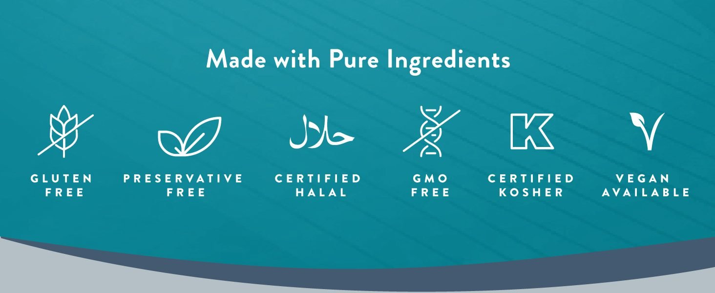 Capsules Made with Pure Ingredients. Non-GMO, preservative free, gluten free, and vegan.