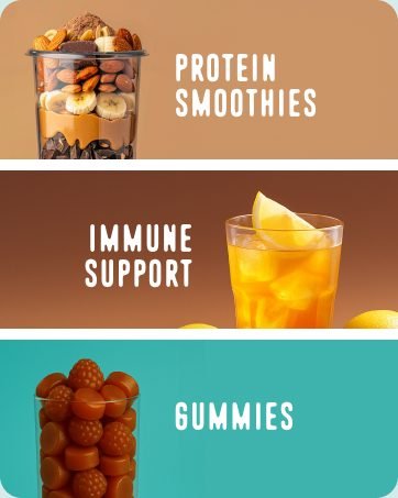 Chocolate peanut butter protein powder smoothie supports immune health with gummies.