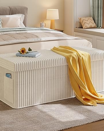 43 Inches Folding Storage Ottoman Bench with Blanket, Corduroy Storage Chest, Footrest, Coffee Table