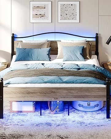 Queen Size Bed Frame with Headboard and Charging Station
