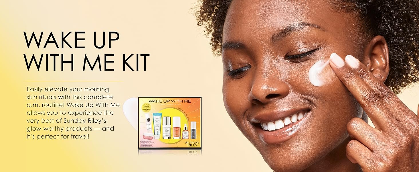 Wake Up With Me Kit: Morning routine kit, 5 skincare products and two smaller samples.