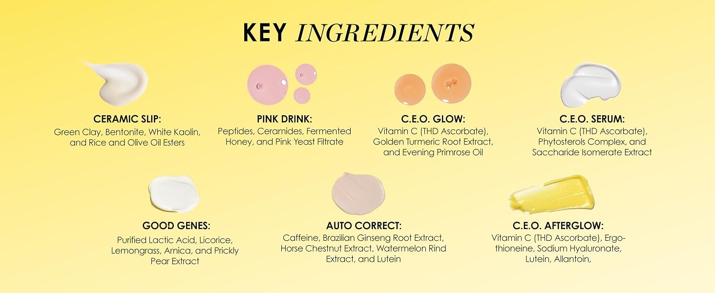 Key Ingredients 6 Products: Green Clay, Ceramides, THD Ascorbate, Golden Turmeric, Caffeine, Lutein