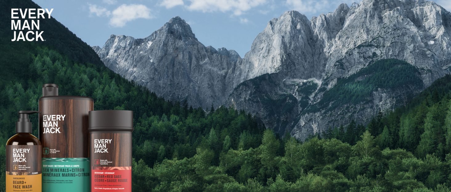 Mountain Background with Every Man Jack logo and products
