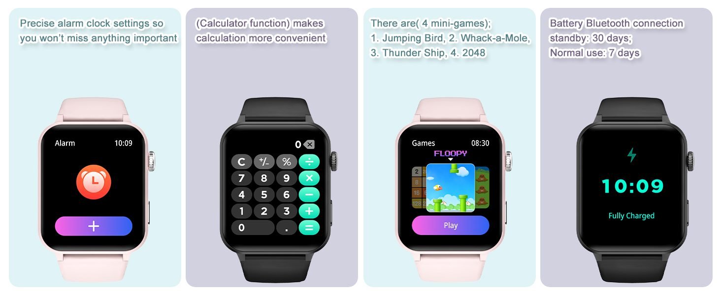 smart notifications, music control, camera control, casual games, weather forecast, alarm clock