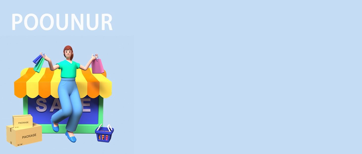 Illustrated graphic showing a shopper with shopping bags against a light blue background, with 'POOUNUR' text above.