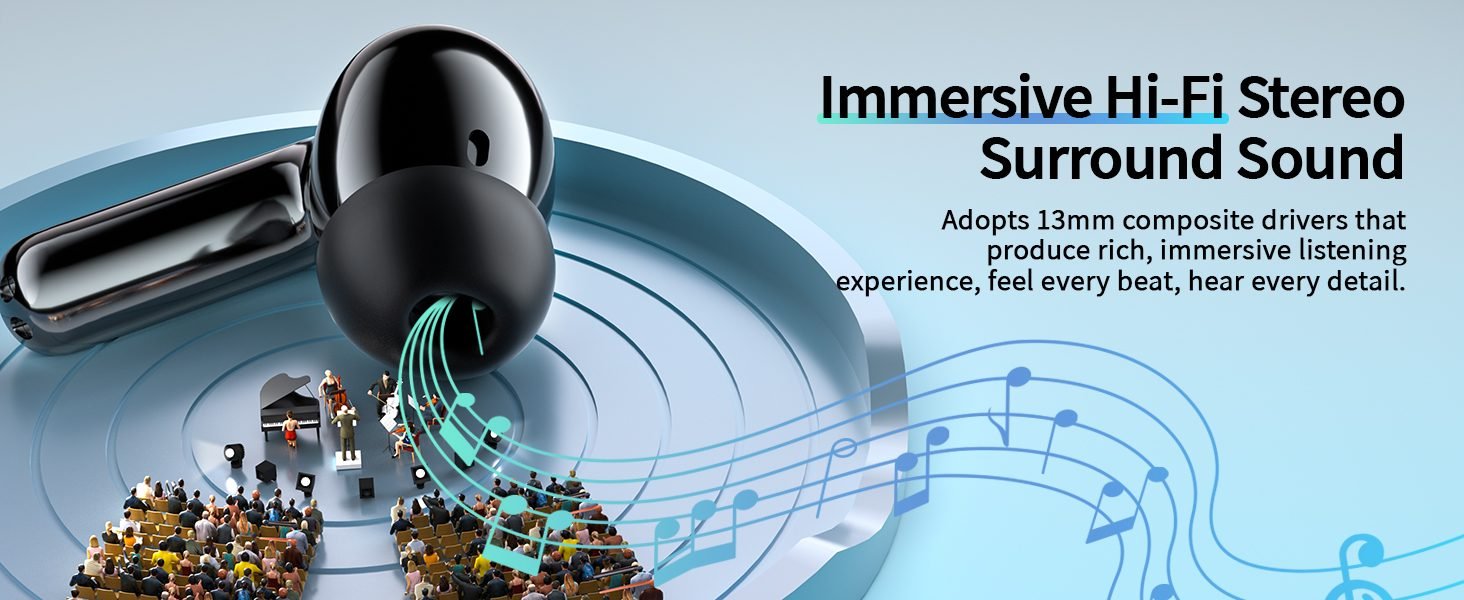 Black wireless earbud promotional image with 3D graphics showing music notes and entertainment elements, highlighting immersive Hi-Fi stereo sound features.