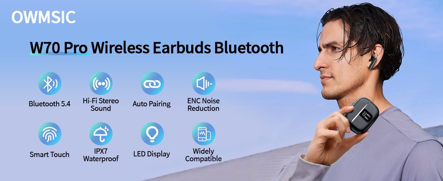 OWMSIC W70 Pro Wireless Earbuds Bluetooth featuring 5.3 connectivity, 45H playtime, LED display, and smart touch controls. Person wearing earbuds shown.
