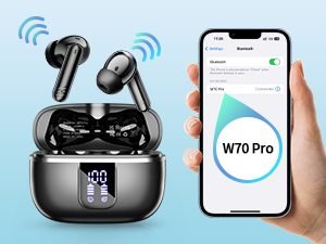 Wireless earbuds with charging case featuring LED display, shown alongside smartphone displaying W70 Pro app interface against light blue background.