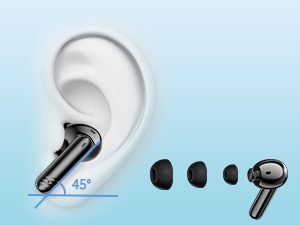 Wireless earbud with 45-degree angled stem and three sizes of silicone ear tips shown next to a diagram of an ear.