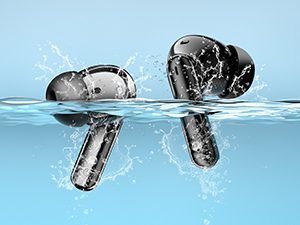 Wireless earbuds partially submerged in clear water, demonstrating water-resistance capability with splash effects around them.