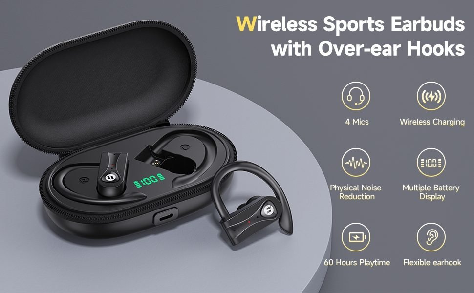 Bluetooth Headphones with Noise Canceling 4 Mic Stereo Sound Wireless Earbuds