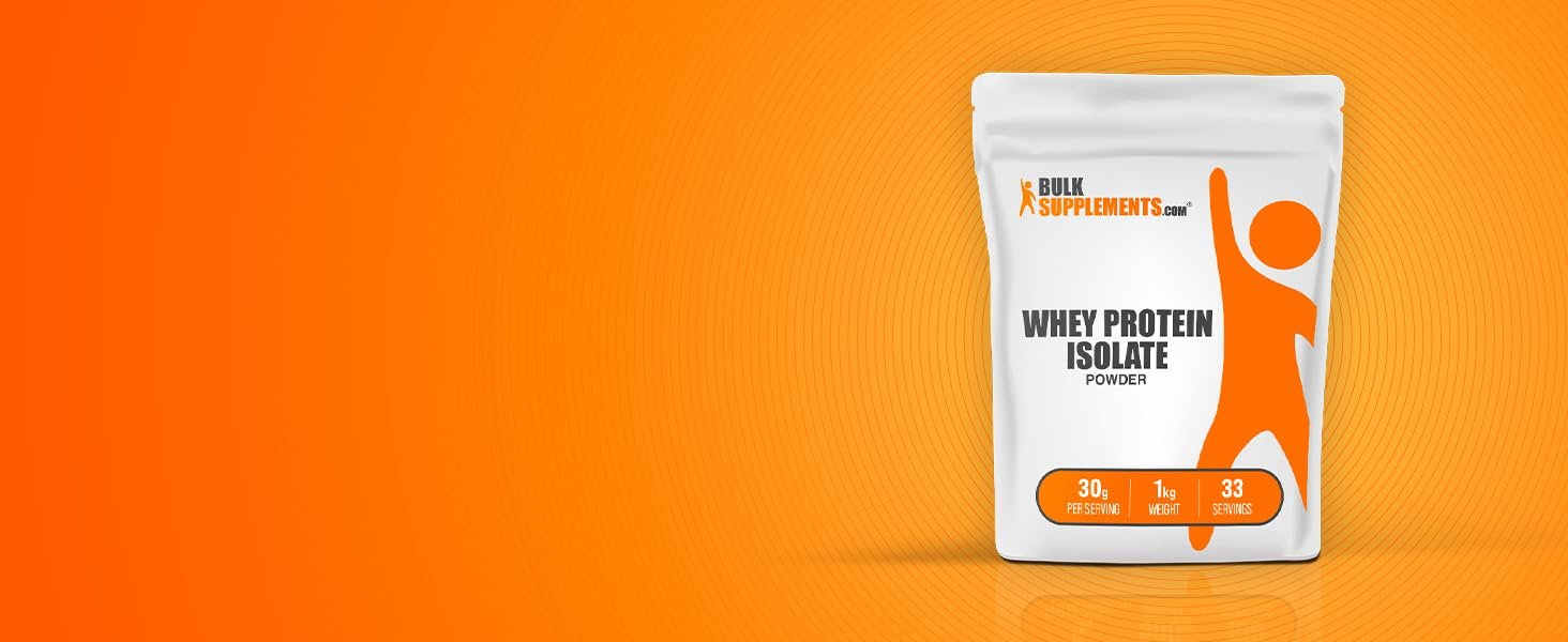 BulkSupplements Whey Protein Isolate Powder Bag on an orange background