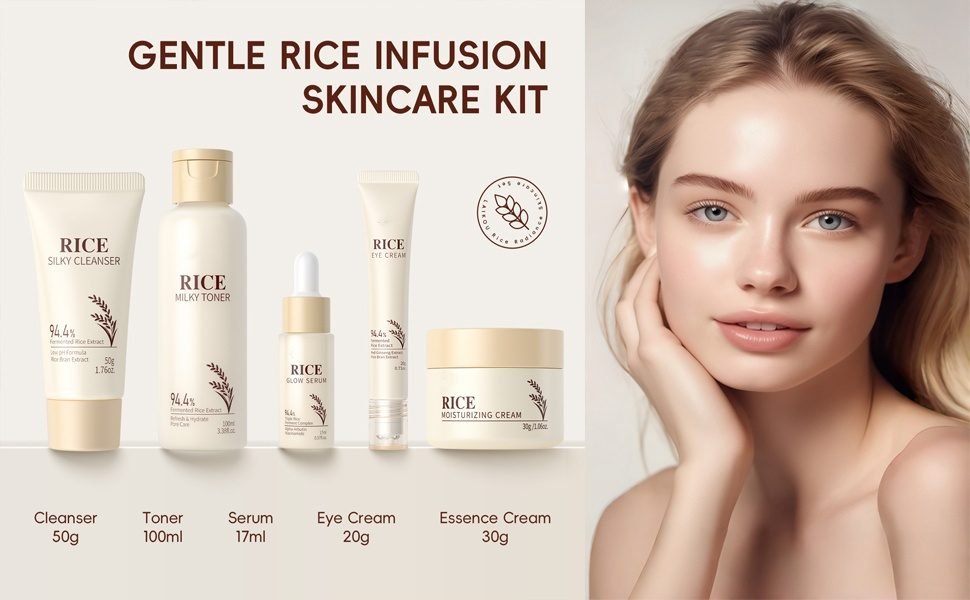 The rice skincare set includes a facial cleanser, toner, serum, eye cream, and face cream